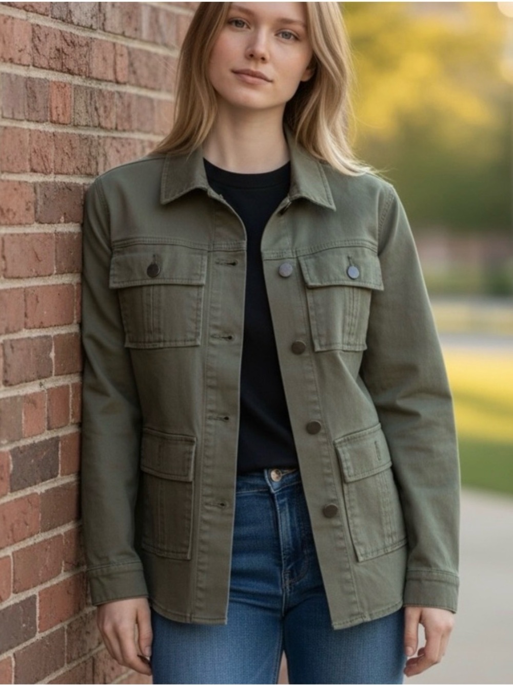 1822 Denim Utility Jacket in Olive Green - Women's